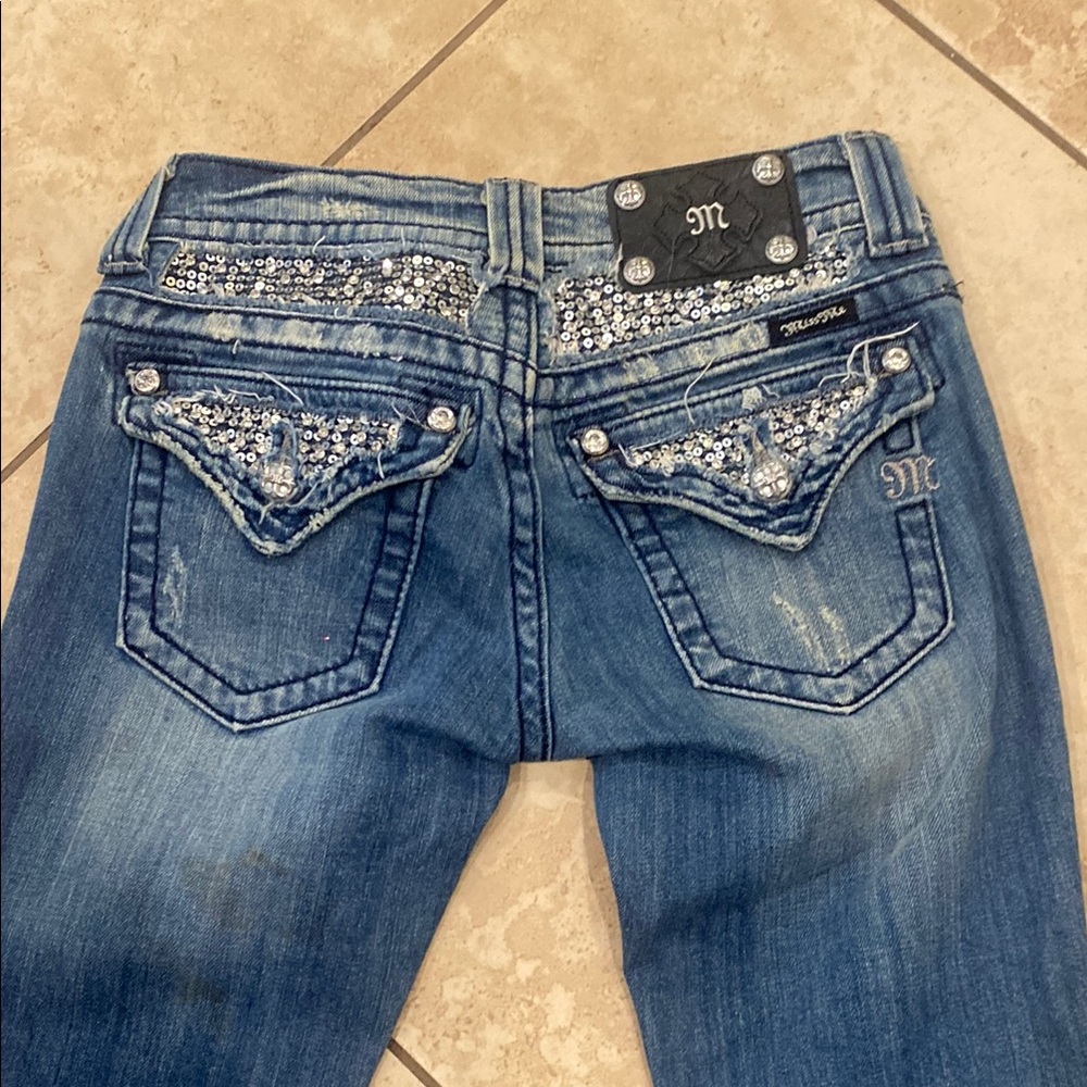 Miss Me Blue Boot Cut Jeans with Silver Embellishments
